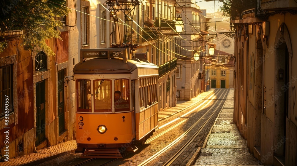 Famous vintage tram in the street of Alfama, Lisbon, Portugal 