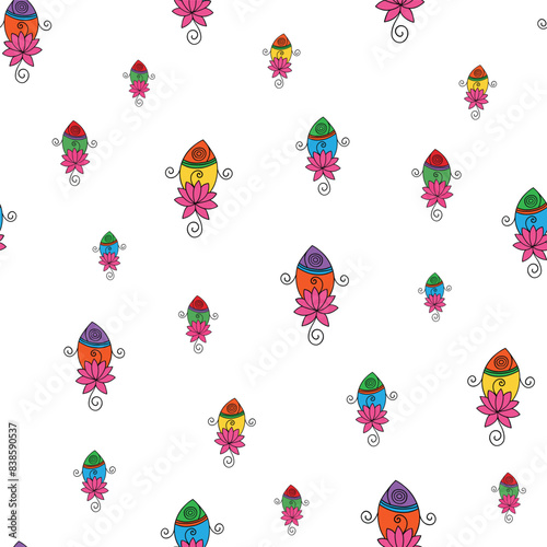 seamless repeat pattern with cute and beautiful fish motifs with lotus tails on a white background perfect for fabric, scrap booking, wallpaper, gift wrap projects