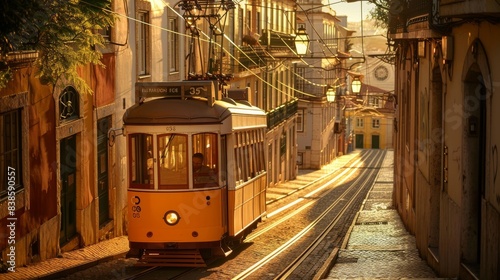 Famous vintage tram in the street of Alfama, Lisbon, Portugal 