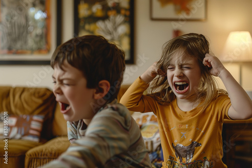 In a tumultuous scene unfolding in a living room, siblings engage in a heated conflict, their emotions reaching a boiling point amidst a fight photo