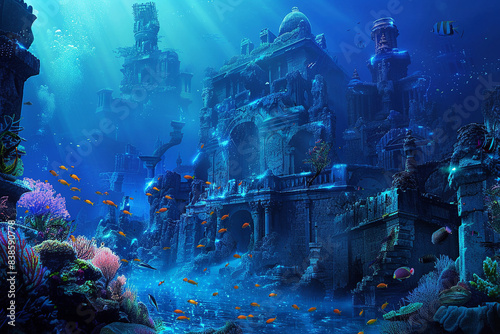 In the depths of the ocean lies an enchanting underwater city adorned with bioluminescent coral and bustling schools of vibrant fish. Ancient ruins stand testament to a bygone era © Nate
