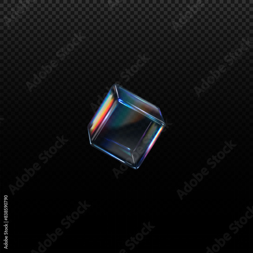 3D transparent glossy crystal cube with holographic dispersion effect vector render rainbow colors reflection glass cube