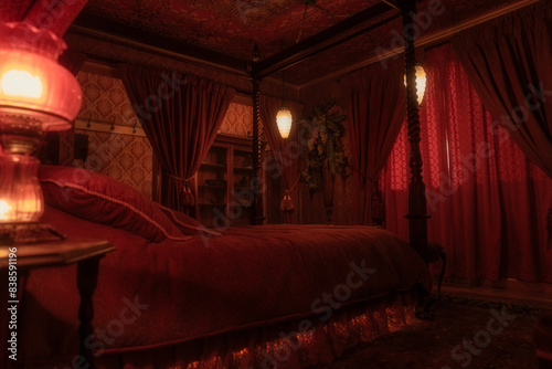 Obraz na płótnie This image shows the interior design of a red victorian, bordello themed bedroom, facing a dramatic the poster bed