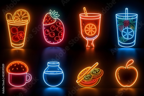 Outline icons Sets food, frosted glass icon set, colorful, user interface, design, app, clean fresh design, flat design, neon light