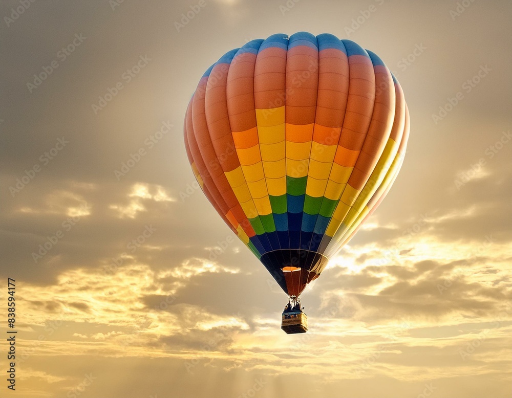 Obraz premium A rainbow-colored hot air balloon rises in a clear, cloudy sky
