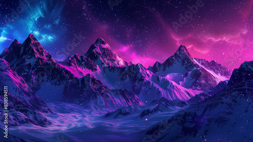 paysage enneigé avec des montagnes et aurores boréales	 photo
