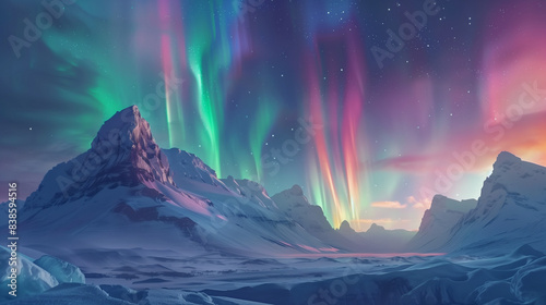 paysage enneigé avec des montagnes et aurores boréales	