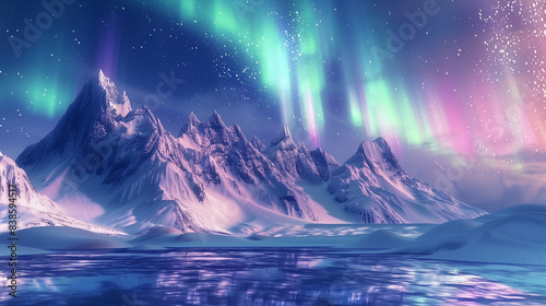 paysage enneigé avec des montagnes et aurores boréales	