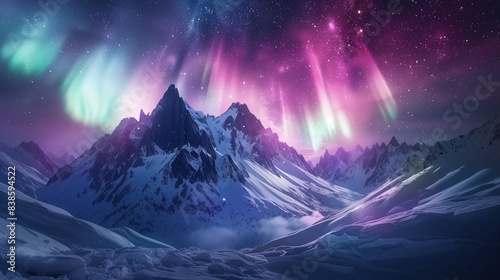 paysage enneigé avec des montagnes et aurores boréales	