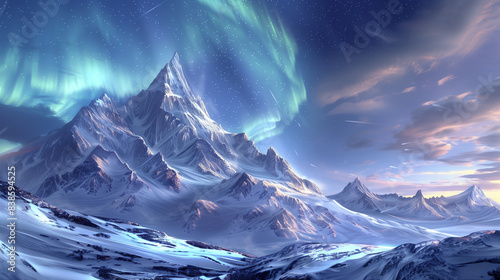 paysage enneigé avec des montagnes et aurores boréales	