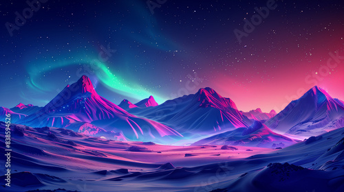 paysage enneigé avec des montagnes et aurores boréales	