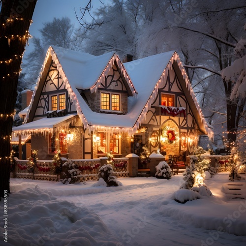 Beautiful Christmas house in the snowy forest. New Year and Christmas concept.