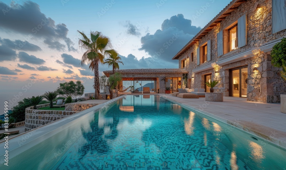 An extra large pool in a Greek architecture luxury stone villa with surrounded by palm trees and modern outdoor seating