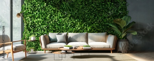 Minimalist Luxurious Green Living area outdoor containing a Lounge Sofa - AI Generated