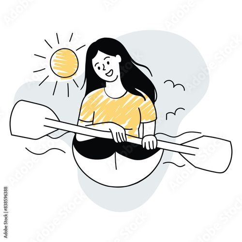 A girl floats in a kayak on the river. Summer editable vector in hand drawn style, doodle