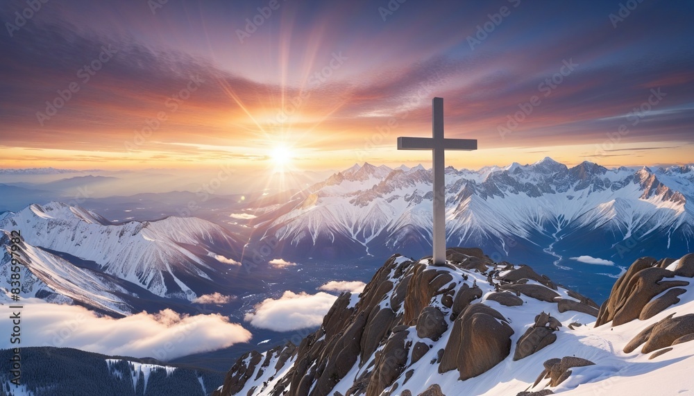Magical snow mountain landscape with shiny sun and Holy Cross