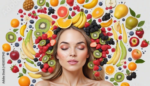 abstract illustration, wonderful young woman is surrounded by many fruits