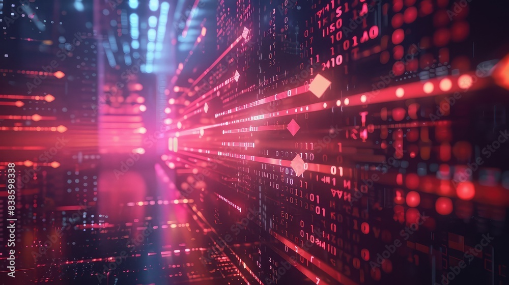 Fototapeta premium Binary code. Red glowing binary code in perspective.