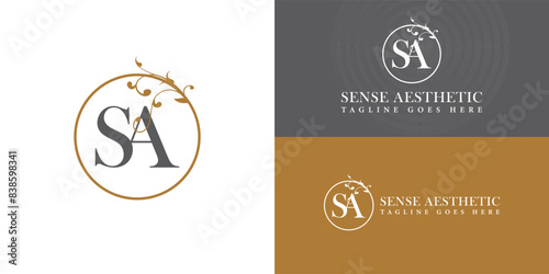 Abstract initial letters SA or AS logo in grey-gold color isolated on multiple background colors. The logo is suitable for medical spa business logo vector design illustration inspiration templates.