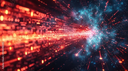 Binary code in red color moves in space.