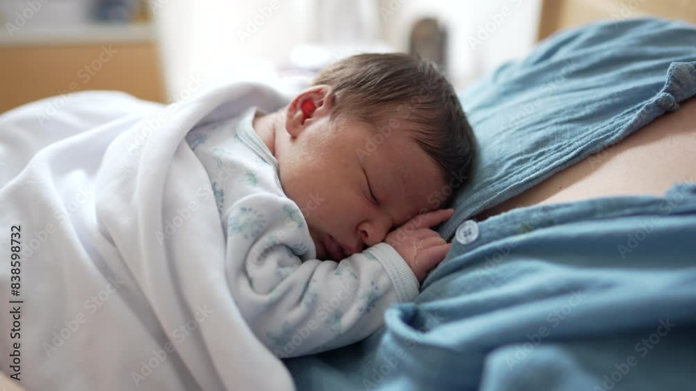 Newborn baby sleeping peacefully on mother's chest, covered with a soft blanket, close-up capture of intimate moment, cozy indoor setting, expressions of warmth, love, and security