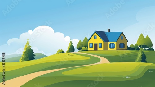 simple minimalistic colorful vector design, private house on hill, gable roof 