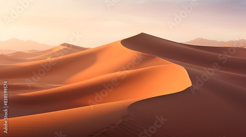 Desert sand dunes panorama at sunset. 3d rendering photo