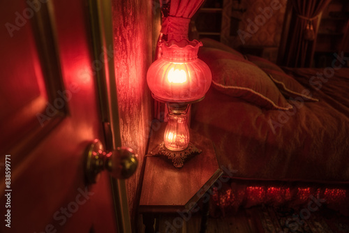 Obraz na płótnie This image shows an antique bedside lamp illuminating a curated victorian bedroom in red light