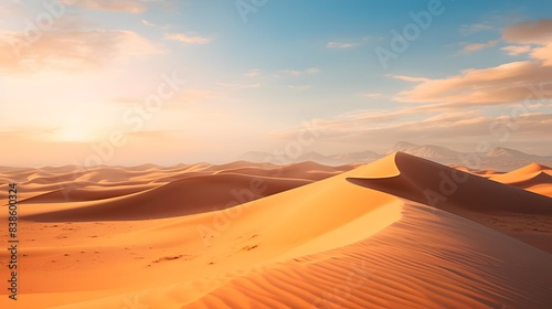 Sand dunes in the desert at sunset. Panoramic view