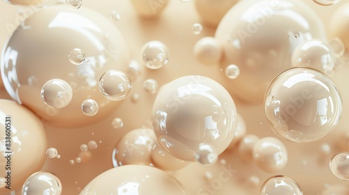 A collection of creamy beige bubbles with delicate reflections and a smooth backdrop