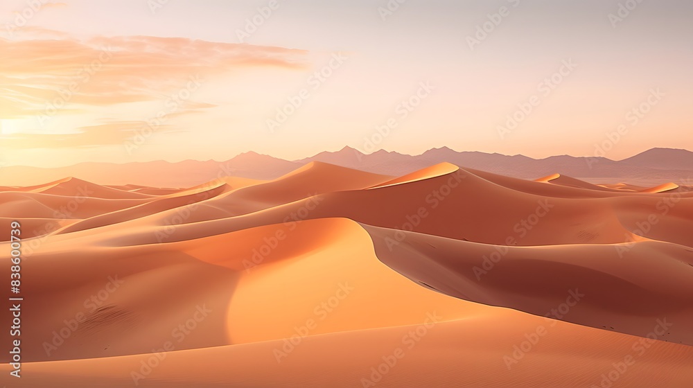 Desert sand dunes panorama at sunset. 3d illustration