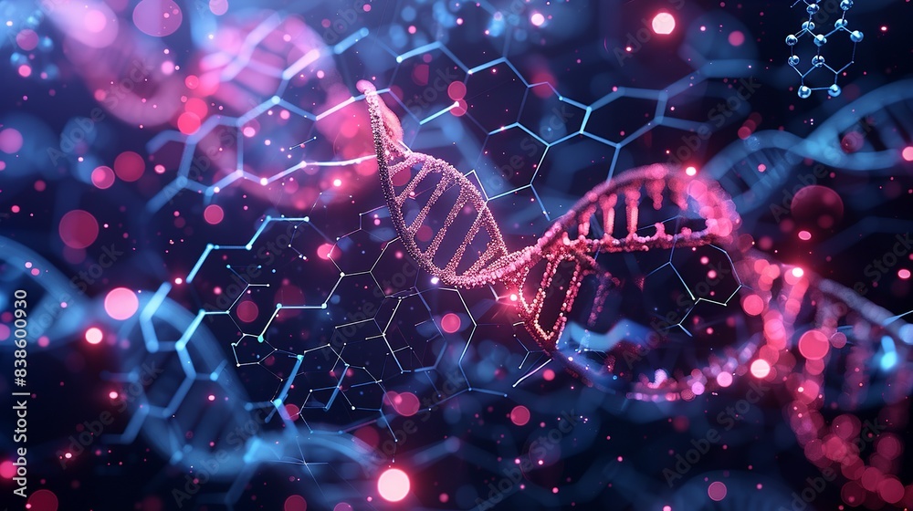 Abstract geometric background with hexagons and triangles in soft hues, overlayed with detailed illustrations of DNA strands and molecular chains to represent biotechnological advancements. Flat