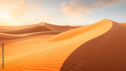 Desert sand dunes at sunset. Panoramic view.