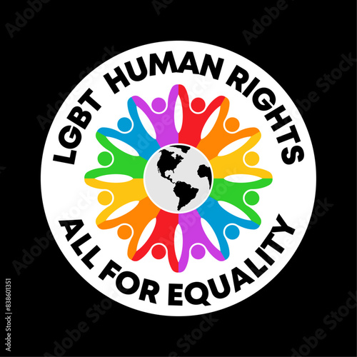 LGBT concept logo badge round. Teamwork people forming a flower around of earth. Vector isolated on black background.