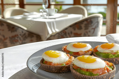 Chile Tostadas with Eggs on gray ceramic plate on a table with a white tablecloth on blurred background of stylish cafe