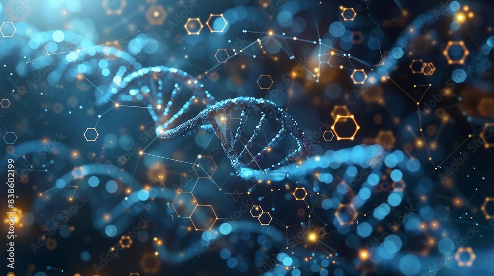 Flat color design with hexagonal and polygonal shapes, interspersed with detailed molecular models and DNA helixes to highlight biotechnology themes. Flat color illustration, shiny, Minimal and Flat color design with hexagonal and polygonal shapes, interspersed with detailed molecular models and DNA helixes to highlight biotechnology themes. Flat color illustration, shiny, Minimal and
