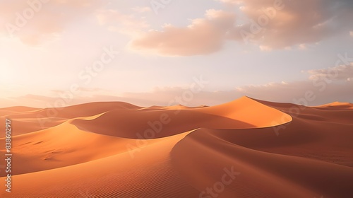 Sand dunes in the Sahara desert at sunset. Panoramic view