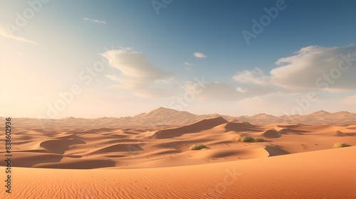 Desert panorama with sand dunes and blue sky. 3d render