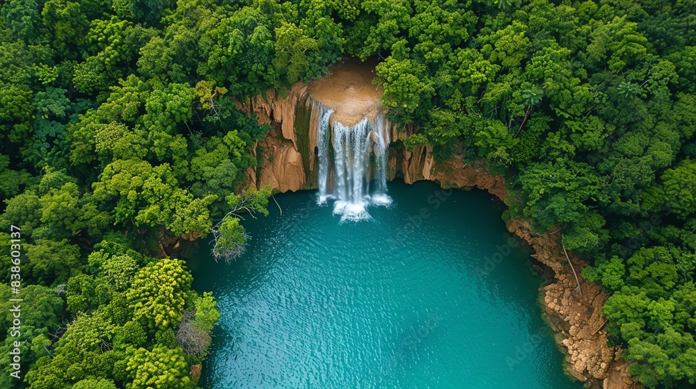 Aerial view of a secluded waterfall cascading into a turquoise pool surrounded by lush green rainforest. Aerial view of a secluded waterfall cascading into a turquoise pool surrounded by lush green rainforest.