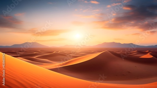 Panoramic view of sand dunes in the Sahara desert at sunset