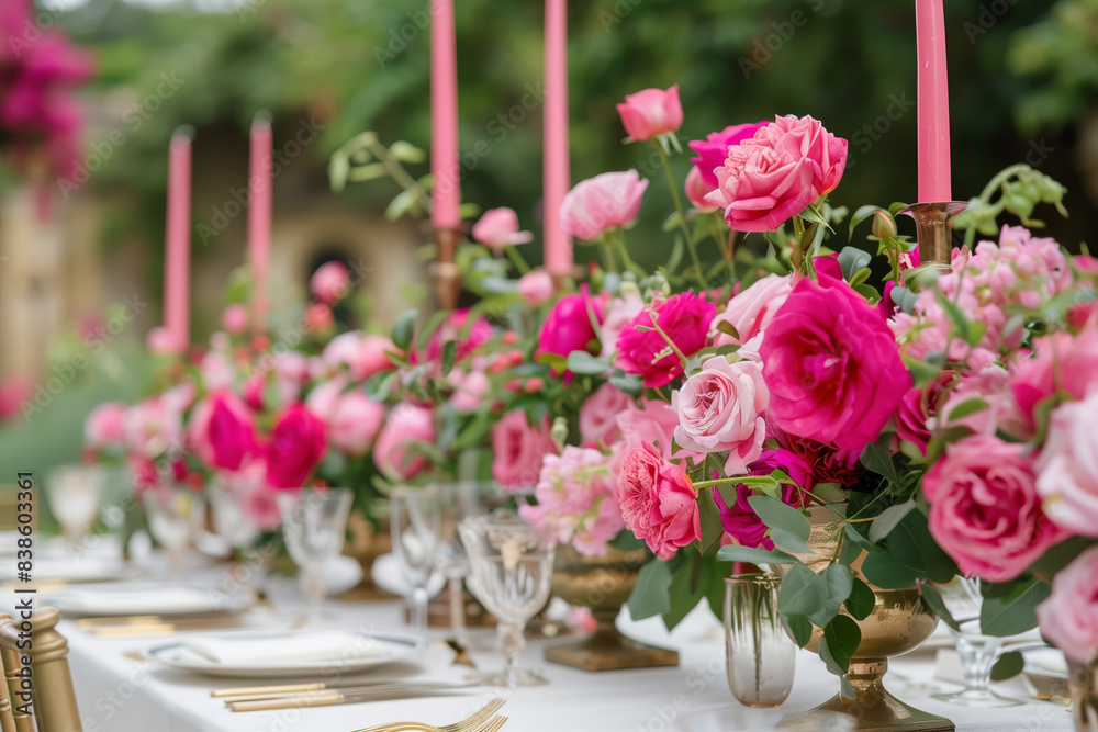 Beautifully set table with a bouquet of bright pink roses in a vases, luxury tableware and golden cutlery Beautifully set table with a bouquet of bright pink roses in a vases, luxury tableware and golden cutlery
