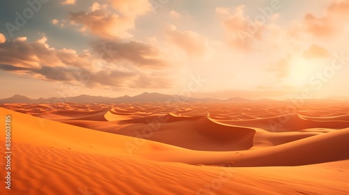 Desert dunes panorama at sunset, 3d render illustration