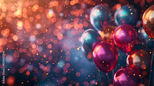 This image shows a festive atmosphere with colorful balloons surrounded by a glittery bokeh effect and sparkles, creating a mood of celebration