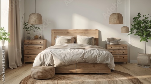 Stylish bedroom interior with large comfortable bed and chest of drawers, modern 