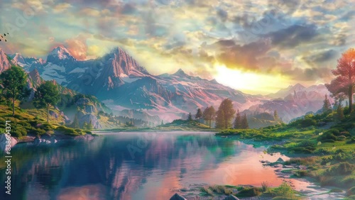 beautiful sunset of  nature landscape background. cartoon style seamless looping time-lapse virtual 4k video animation background.