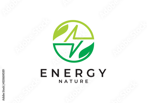 green energy logo design. leaf with lightning combination symbol icon vector