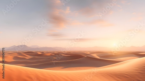 Desert sand dunes panorama. Sunrise. 3d render