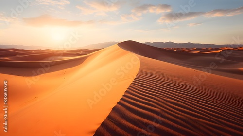Sunset over the sand dunes of the Sahara desert in Morocco © Iman