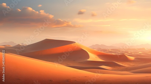 Panorama of sand dunes in the Namib desert at sunset