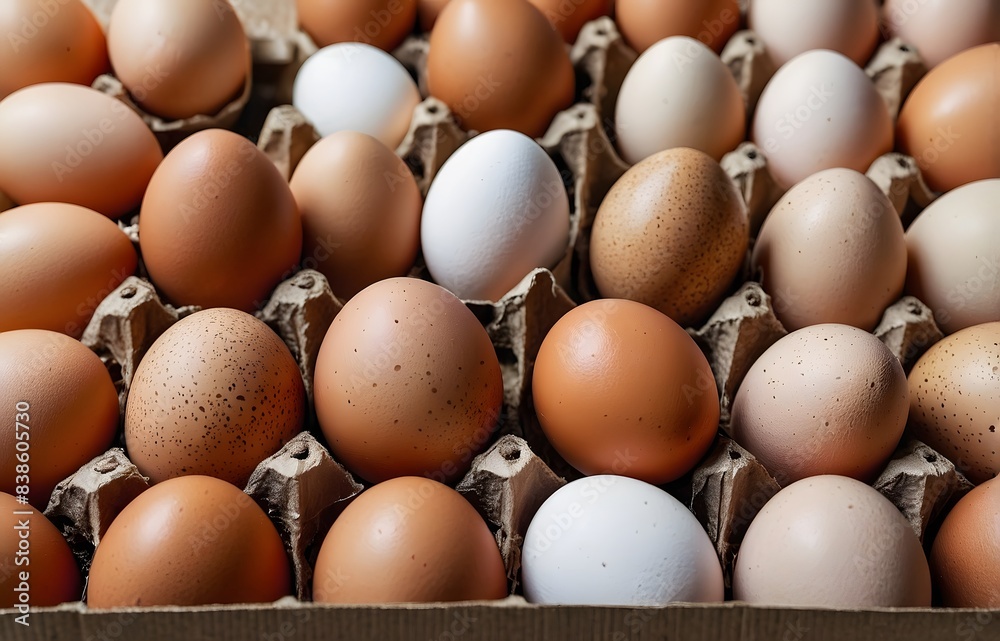 Close-up image of chicken eggs neatly arranged in a carton. The eggs are brown and white. Close-up image of chicken eggs neatly arranged in a carton. The eggs are brown and white.